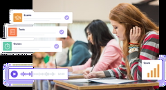 Students taking exams with quiz and test icons displayed on the side of the image.